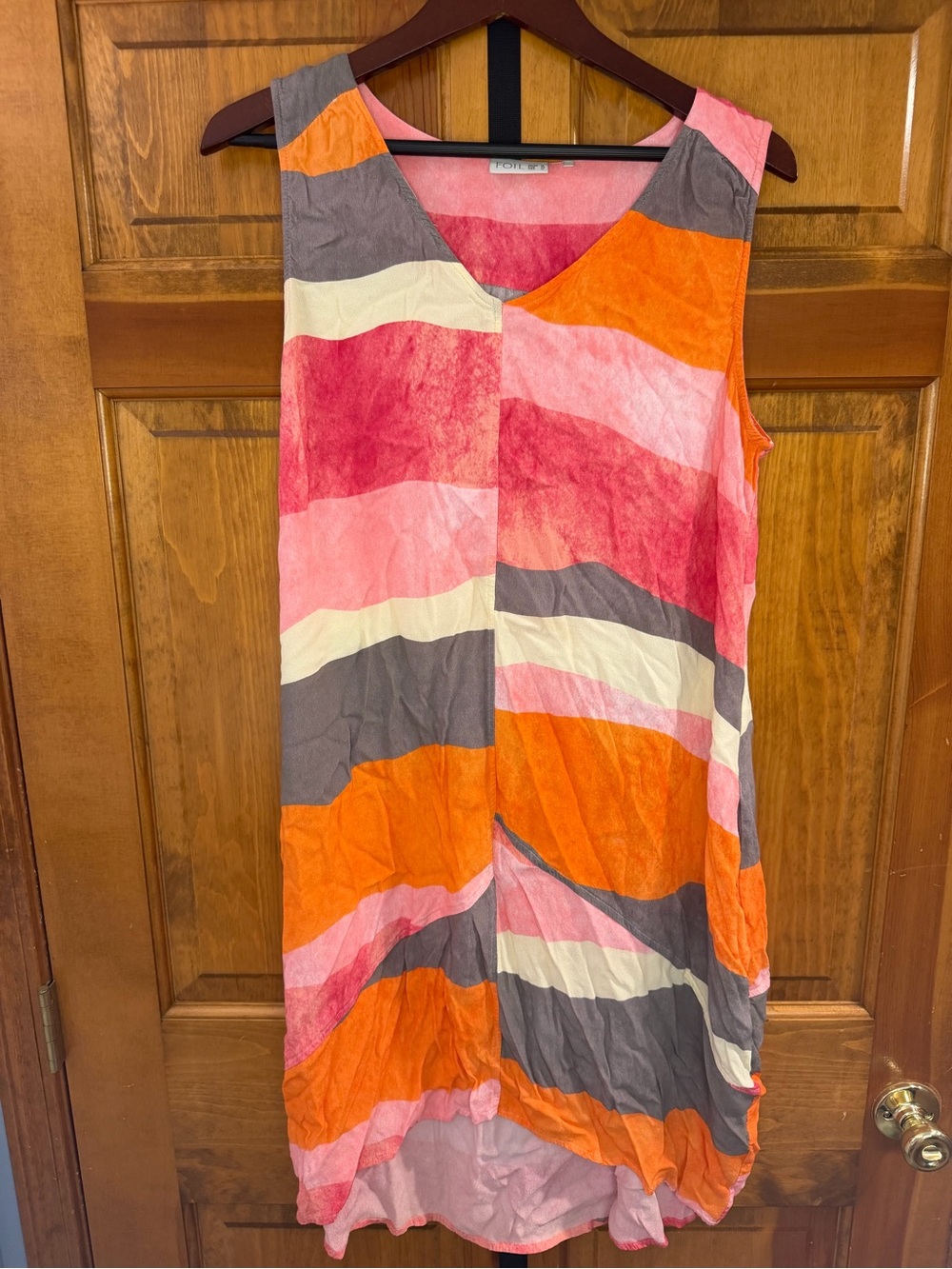 Sleeveless V-Neck Midi Dress in Orange, Pink & Cream